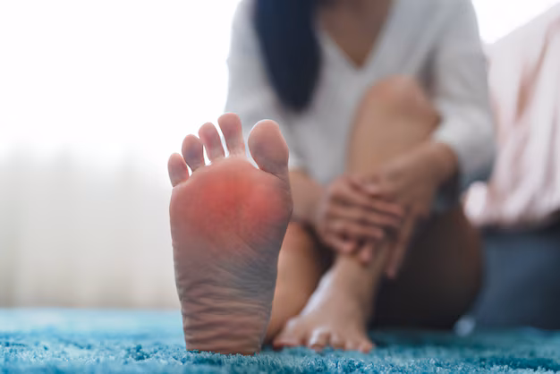 Mujer sufriendo terriblemente con dolor de fascitis plantar